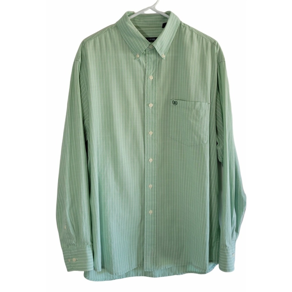Izod Long Sleeve Shirt Men's Large Button-up Button Down Green Striped